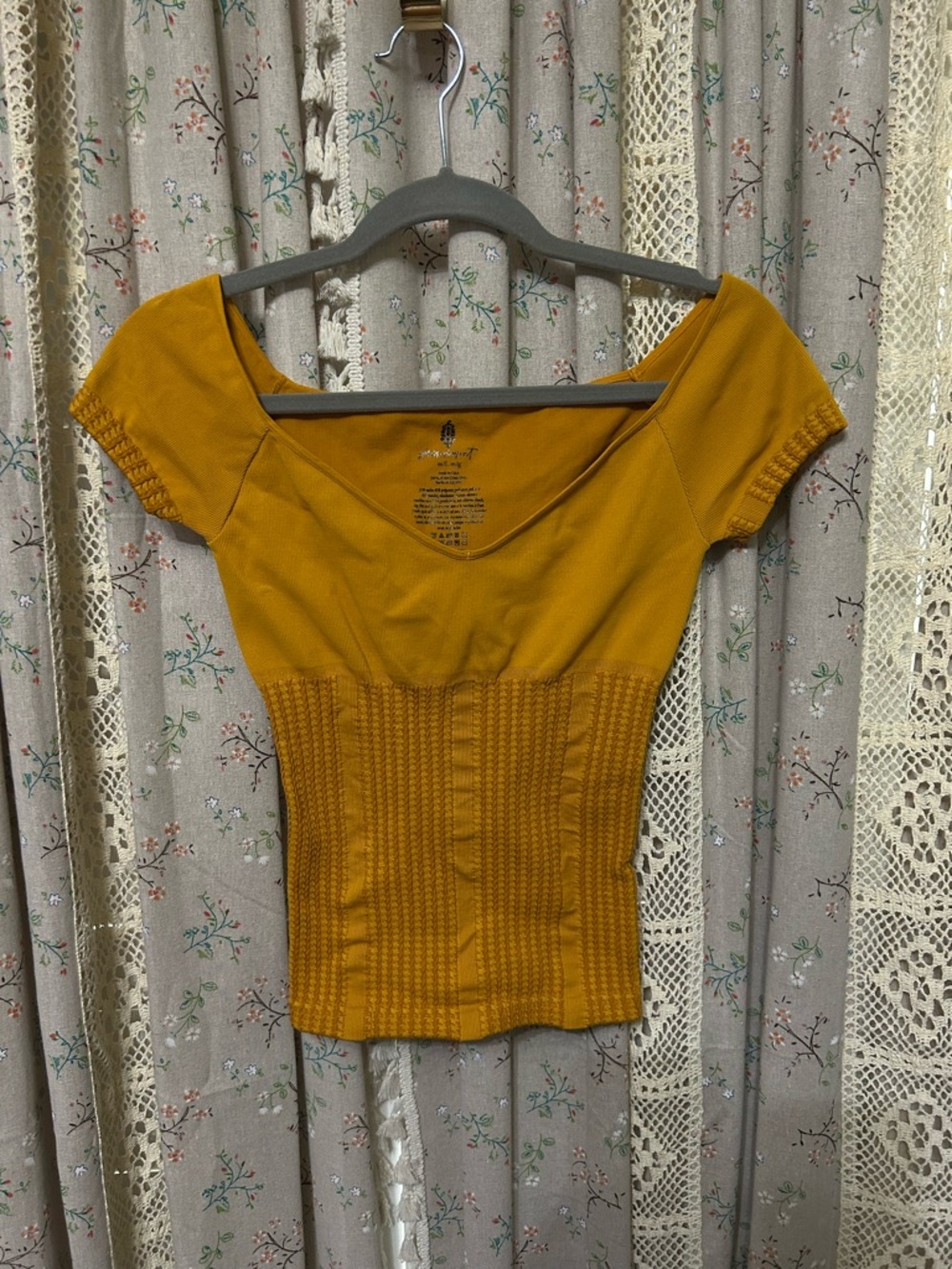 Free People Movement Mustard Yellow Corset Seam Off Shoulder Knit Top M/L
